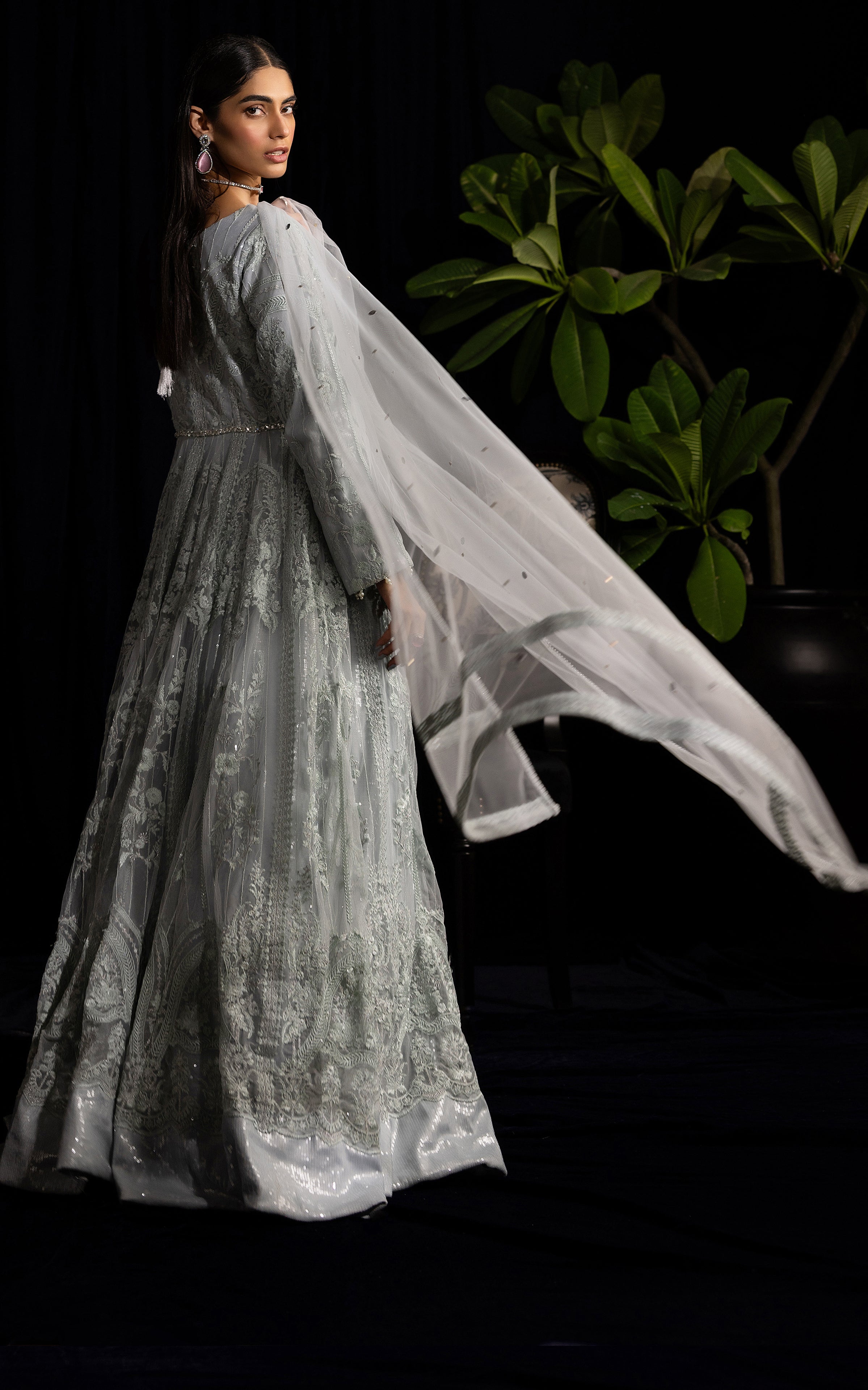 Pale Silver Embroidered Net Maxi Dress (2-Piece) - Image 5