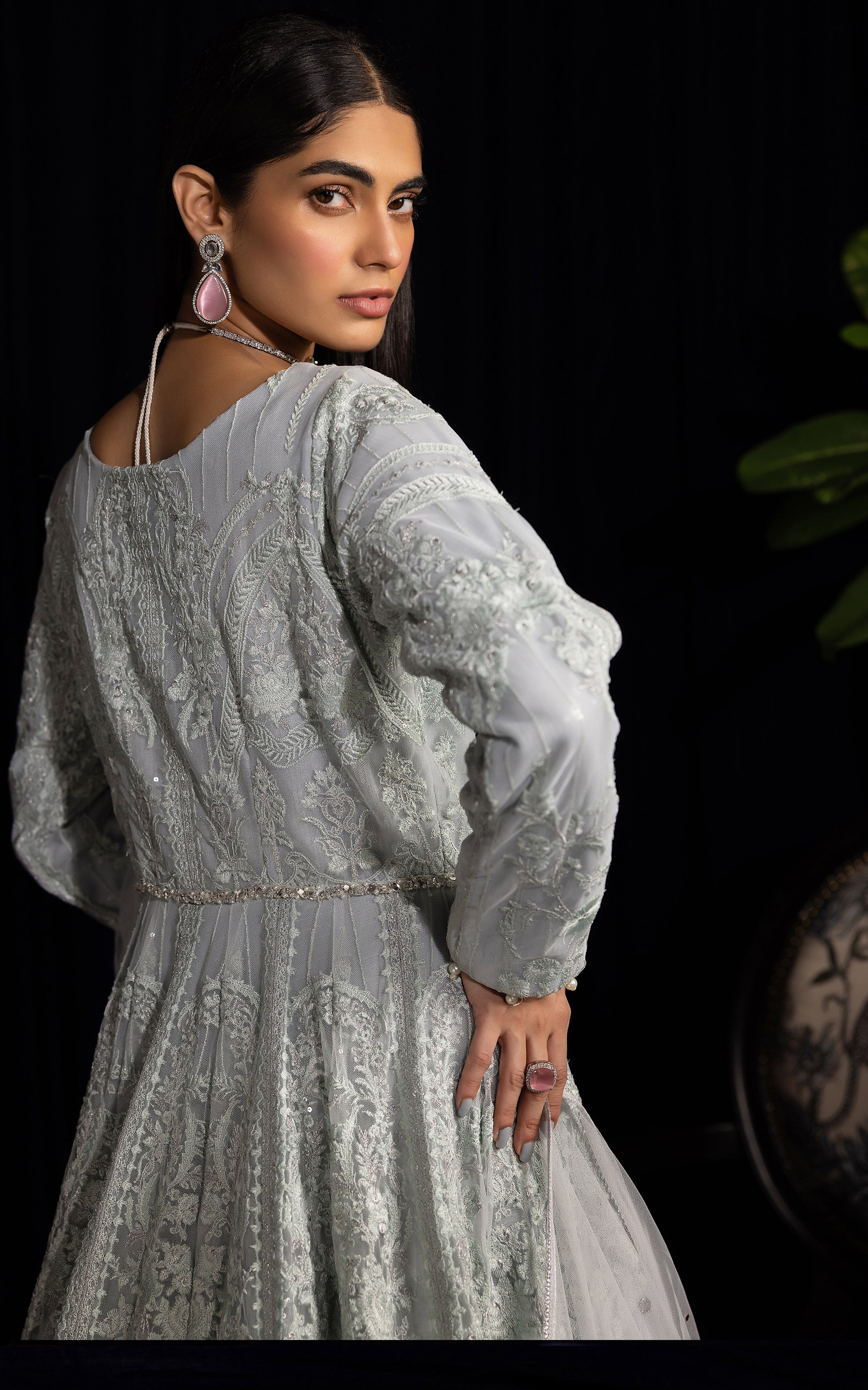 Pale Silver Embroidered Net Maxi Dress (2-Piece) - Image 6