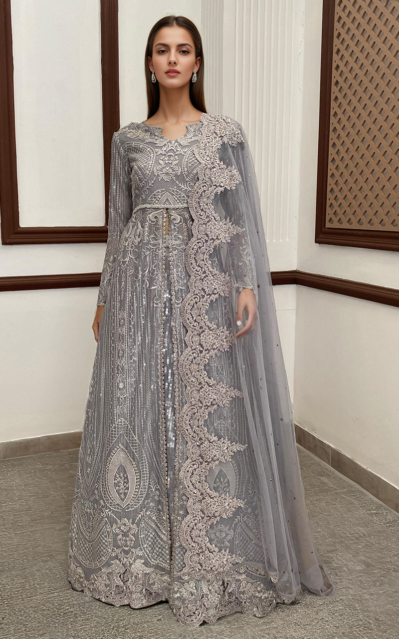 Silver Grey Embroidered Net Maxi Dress (2-Piece) - Image 1
