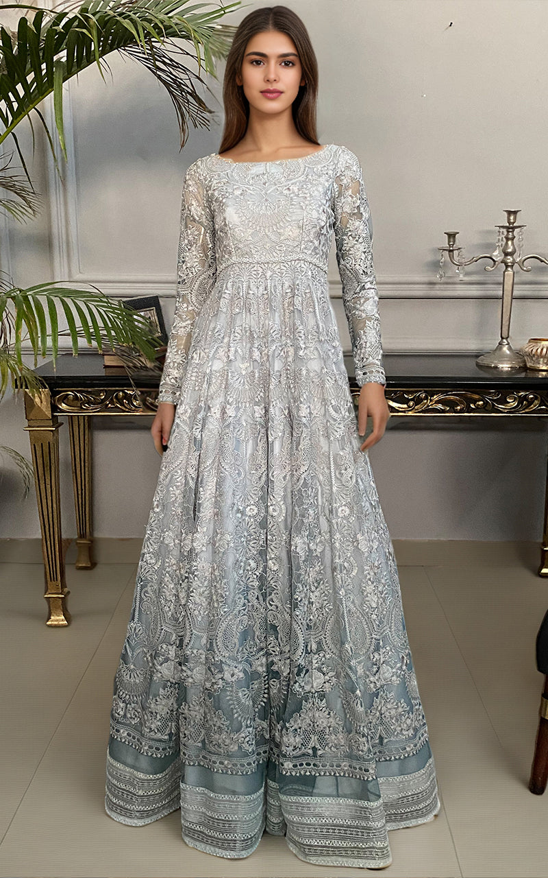 Pakistani Silver Grey Embroidered Net Maxi Dress (1-Pc) - Image 1