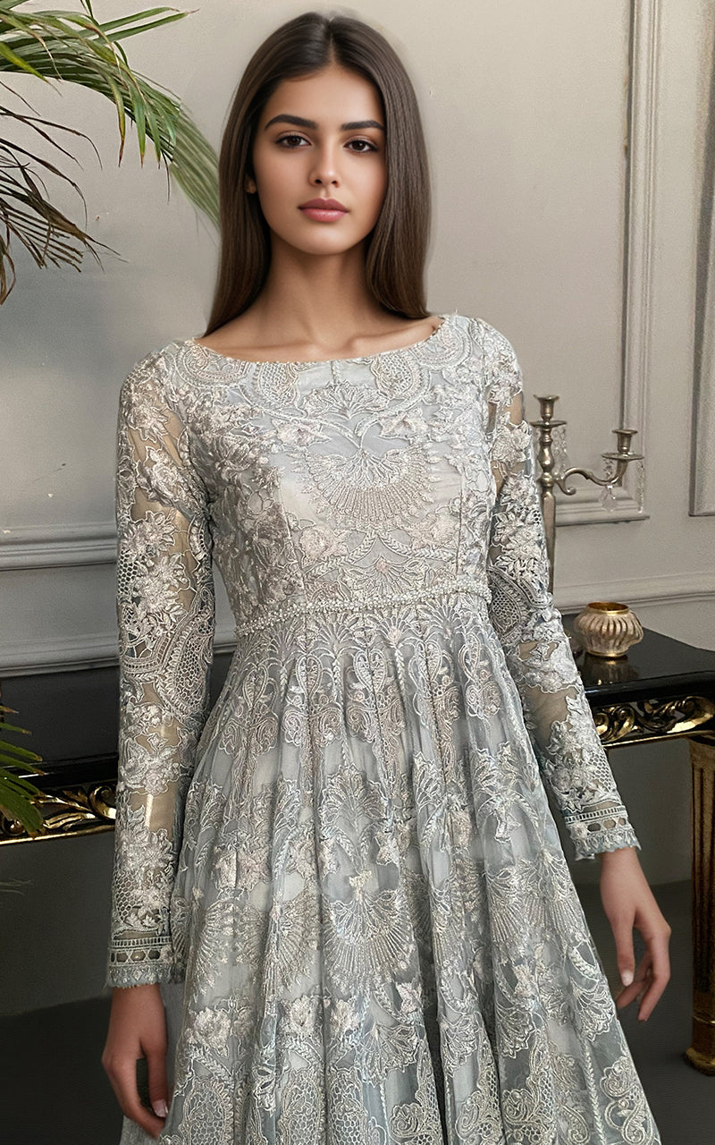 Pakistani Silver Grey Embroidered Net Maxi Dress (1-Pc) - Image 2