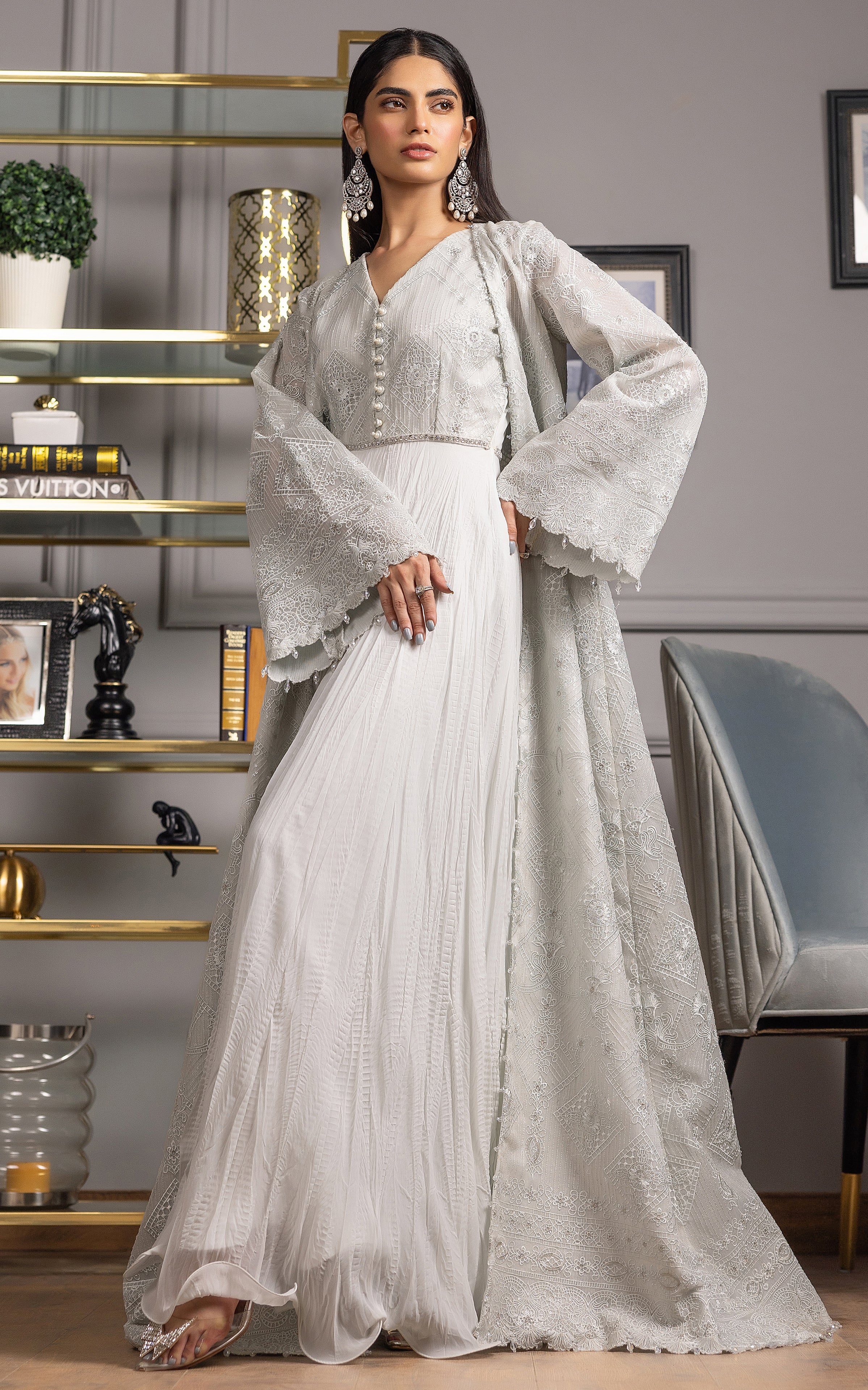 Silver Grey Embroidered Organza Jacket Maxi (2-Piece) - Image 1