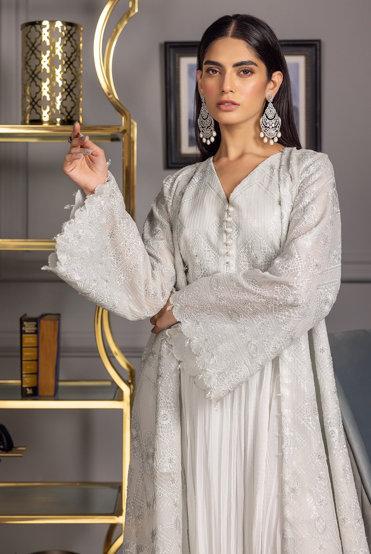 Silver Grey Embroidered Organza Jacket Maxi (2-Piece) - Image 2