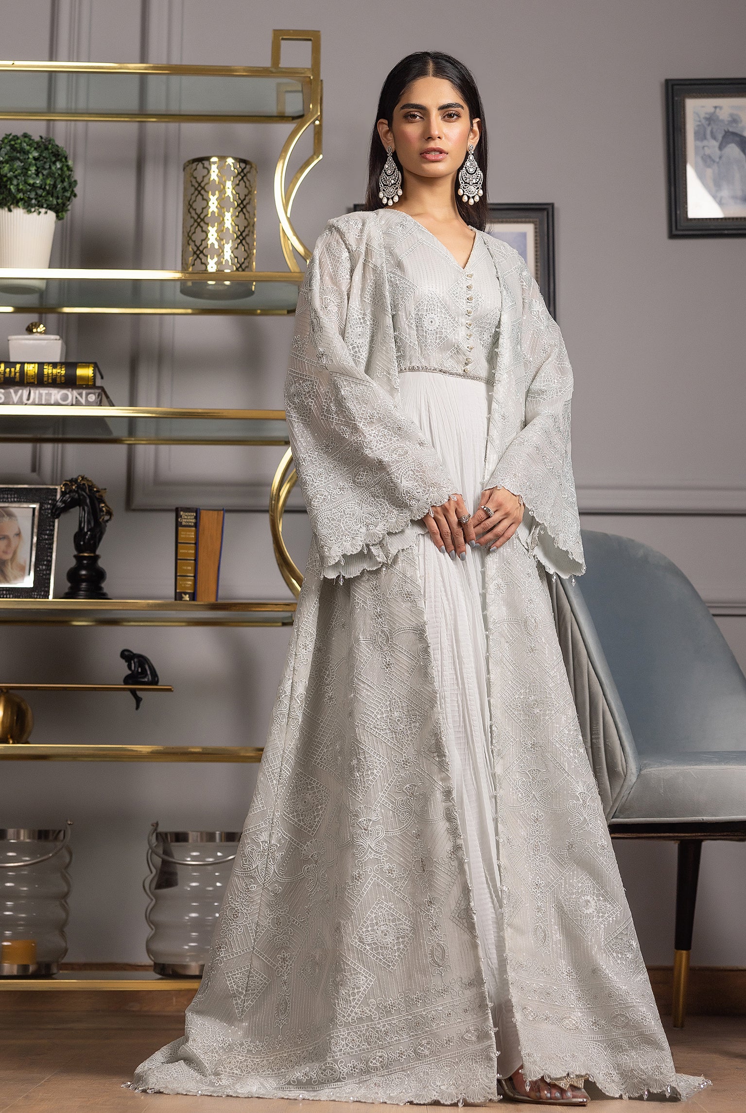 Silver Grey Embroidered Organza Jacket Maxi (2-Piece) - Image 4