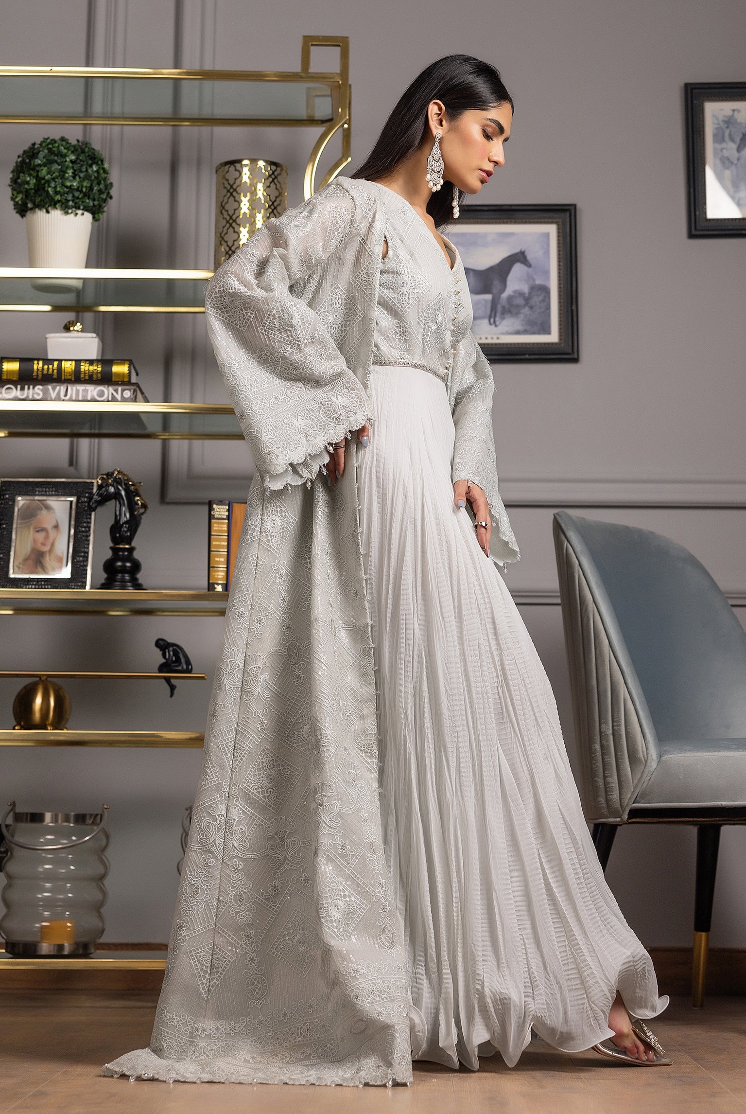 Silver Grey Embroidered Organza Jacket Maxi (2-Piece) - Image 5