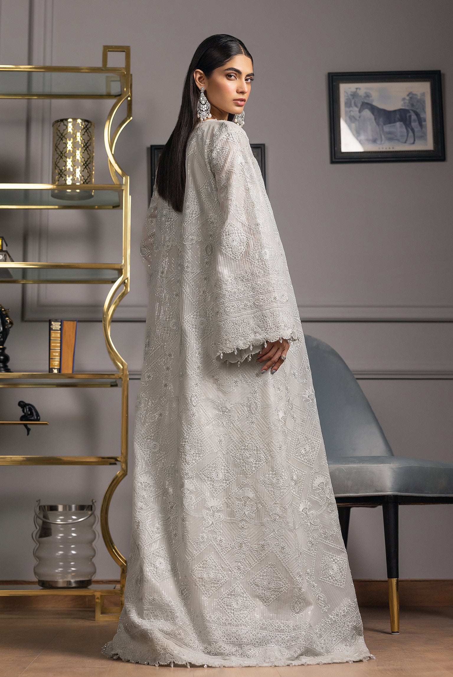 Silver Grey Embroidered Organza Jacket Maxi (2-Piece) - Image 7