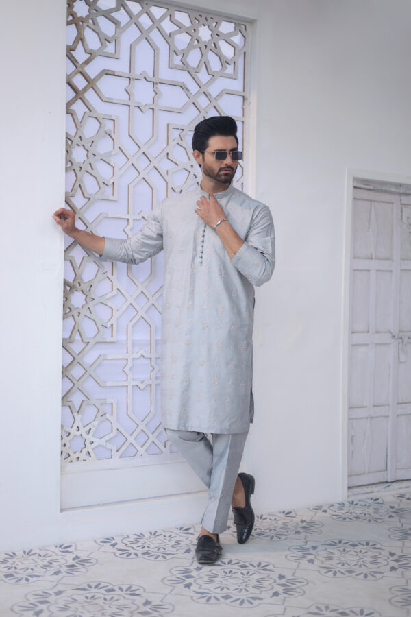 Silver Hand Embroidered Raw Silk Kurta (2-Piece) - Image 2