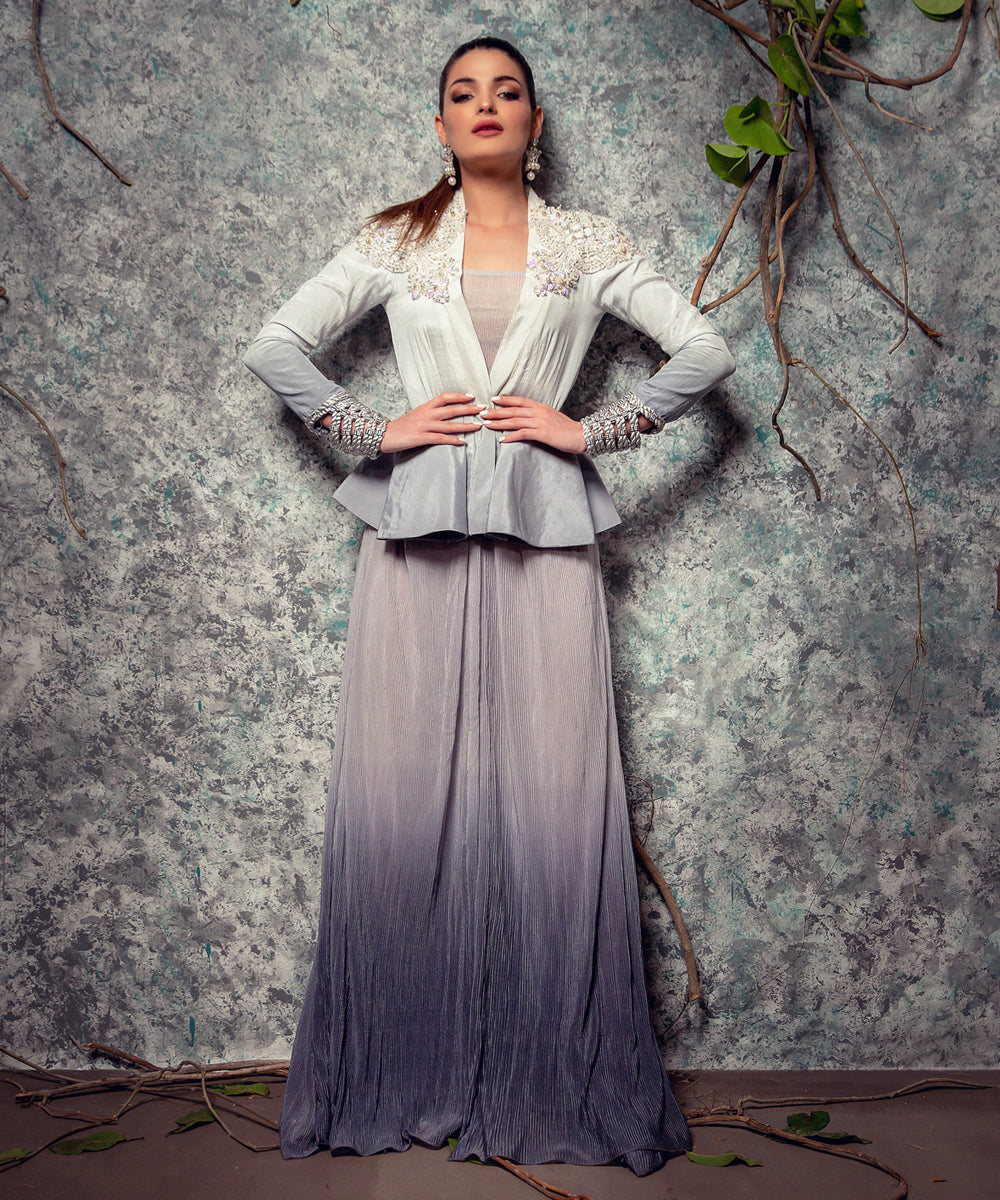 Pakistani Silver Ombre Embellished Peplum Jacket Set (2-Piece) - Image 1
