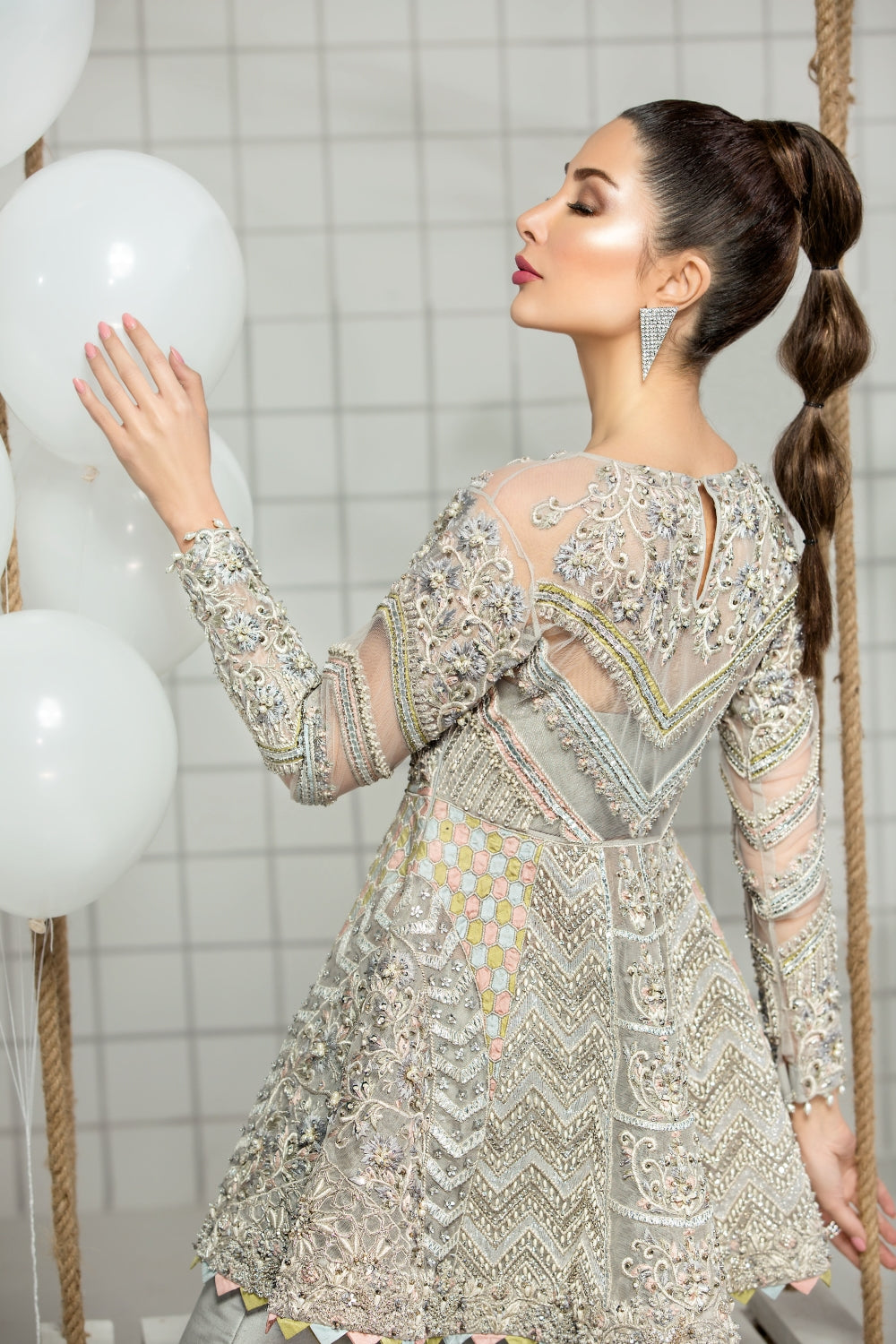 Silver Grey Embellished Net Peplum with Flared Trousers (2-Piece) - Image 3