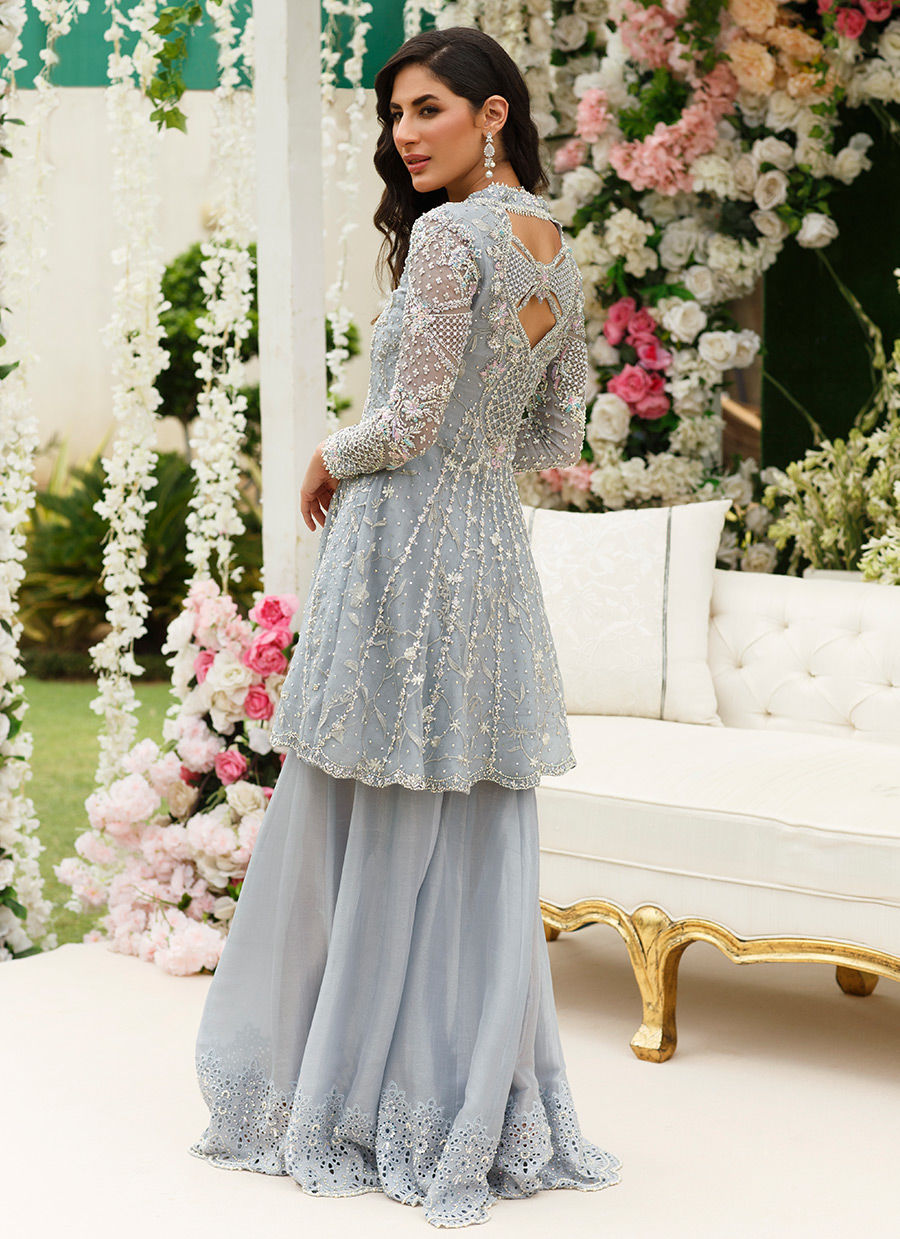 Pakistani Silver Embroidered Organza Peplum with Wide-Leg Pants (2-Piece) - Image 3