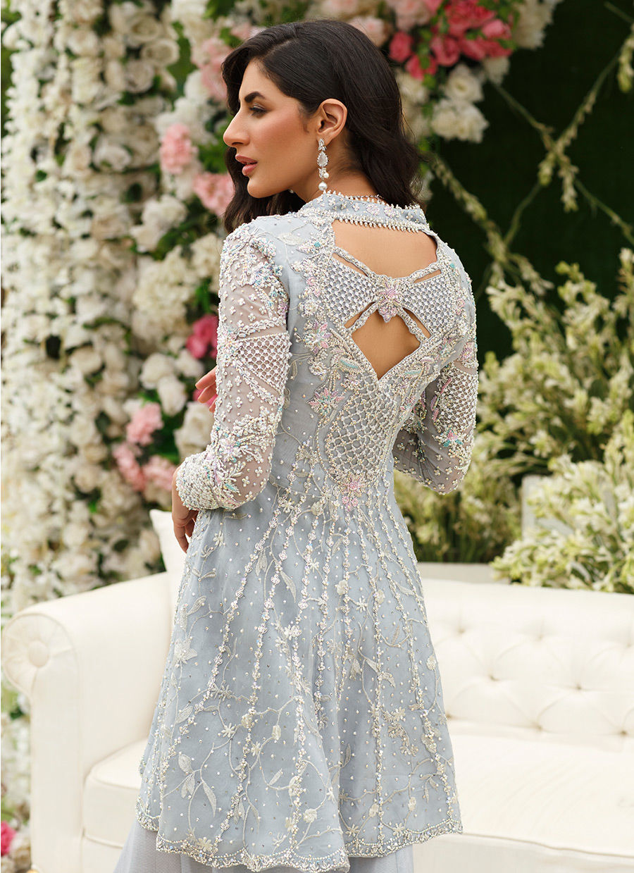 Pakistani Silver Embroidered Organza Peplum with Wide-Leg Pants (2-Piece) - Image 4