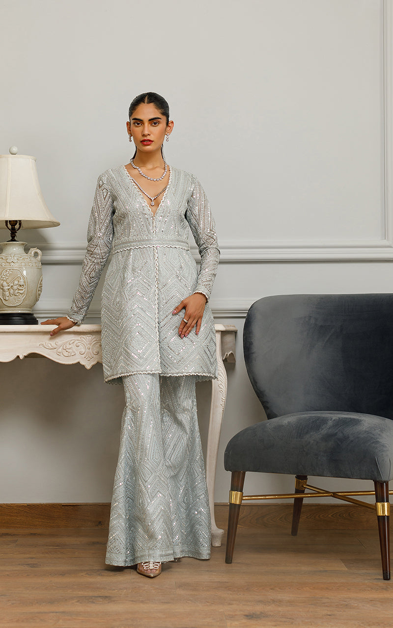 Silver Grey Sequin Embroidered Organza Peplum (2-Piece) - Image 2