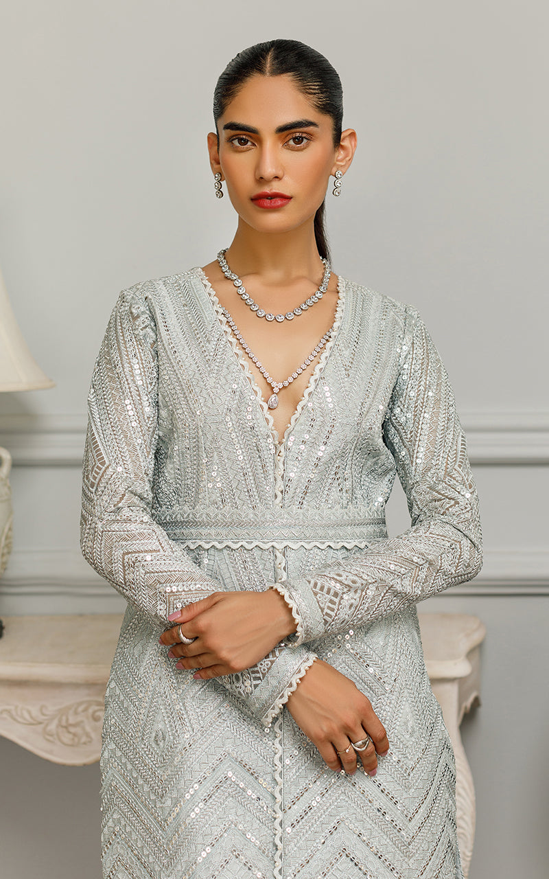 Silver Grey Sequin Embroidered Organza Peplum (2-Piece) - Image 3