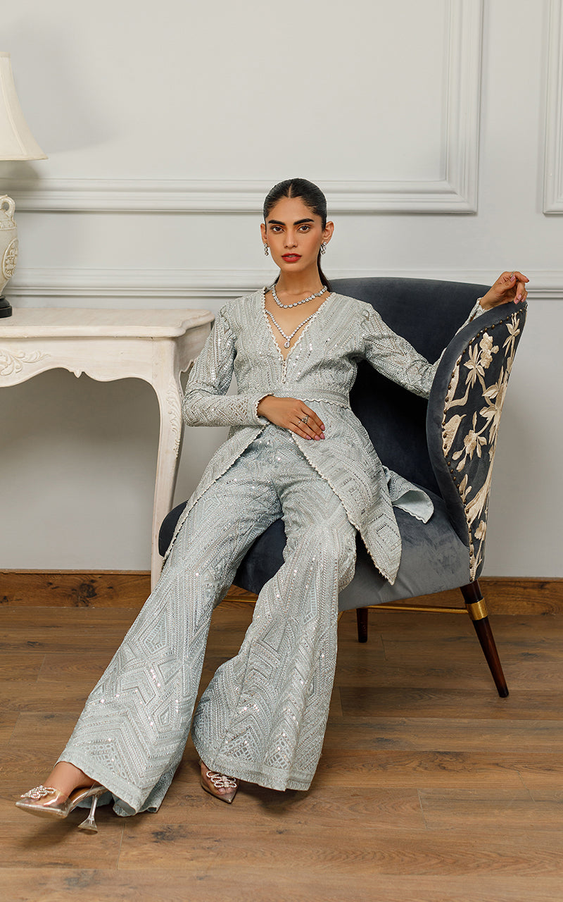 Silver Grey Sequin Embroidered Organza Peplum (2-Piece) - Image 5