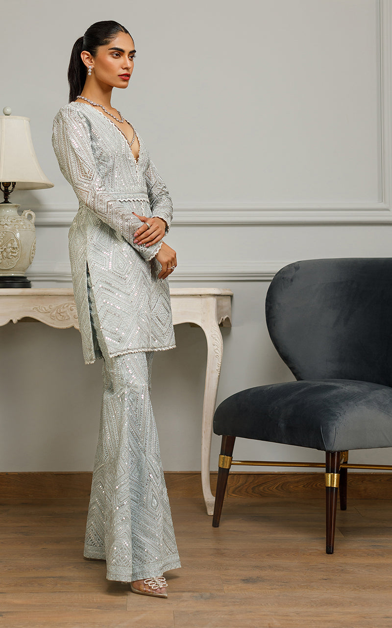 Silver Grey Sequin Embroidered Organza Peplum (2-Piece) - Image 6