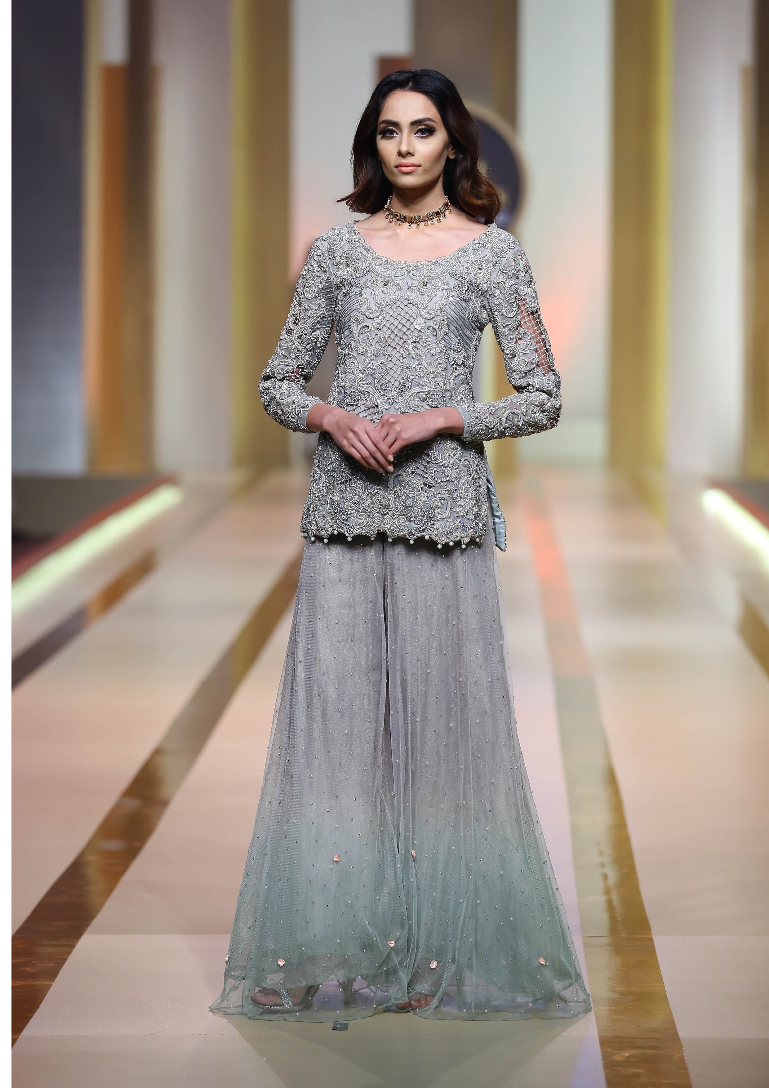 Pakistani Silver Grey Embroidered Pure Net Peplum (2-Piece) - Image 1