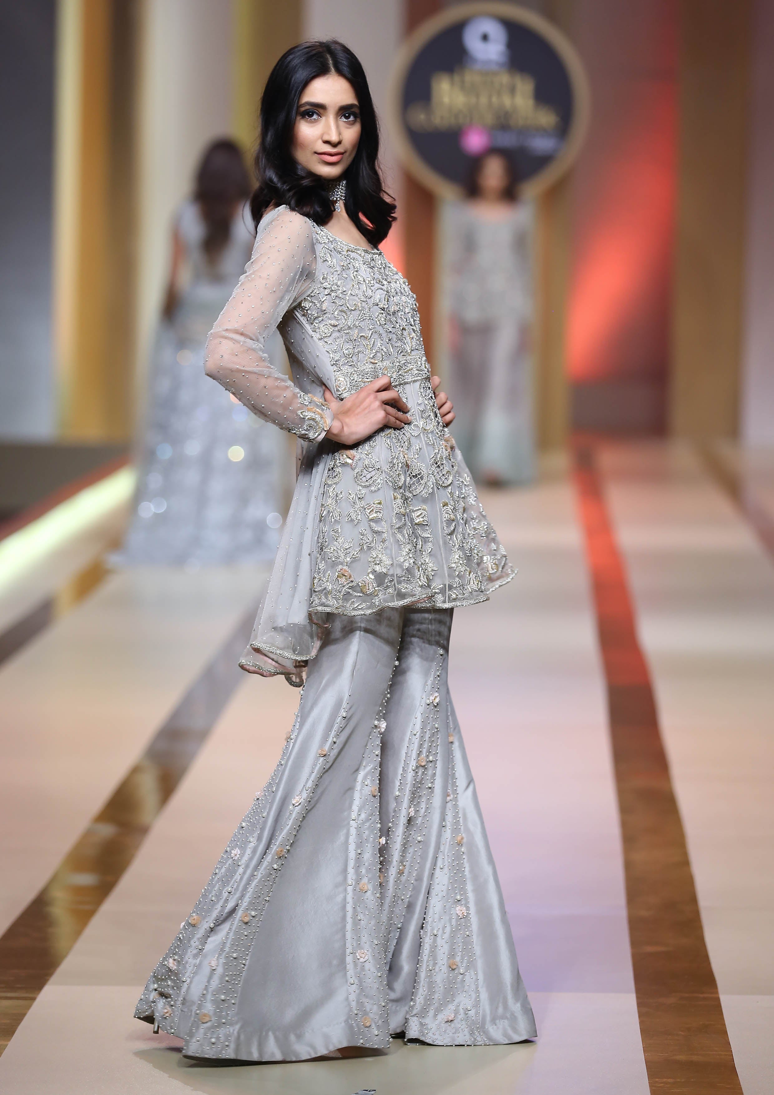 Pakistani Silver Grey Embroidered Pure Net Peplum (2-Piece) - Image 2