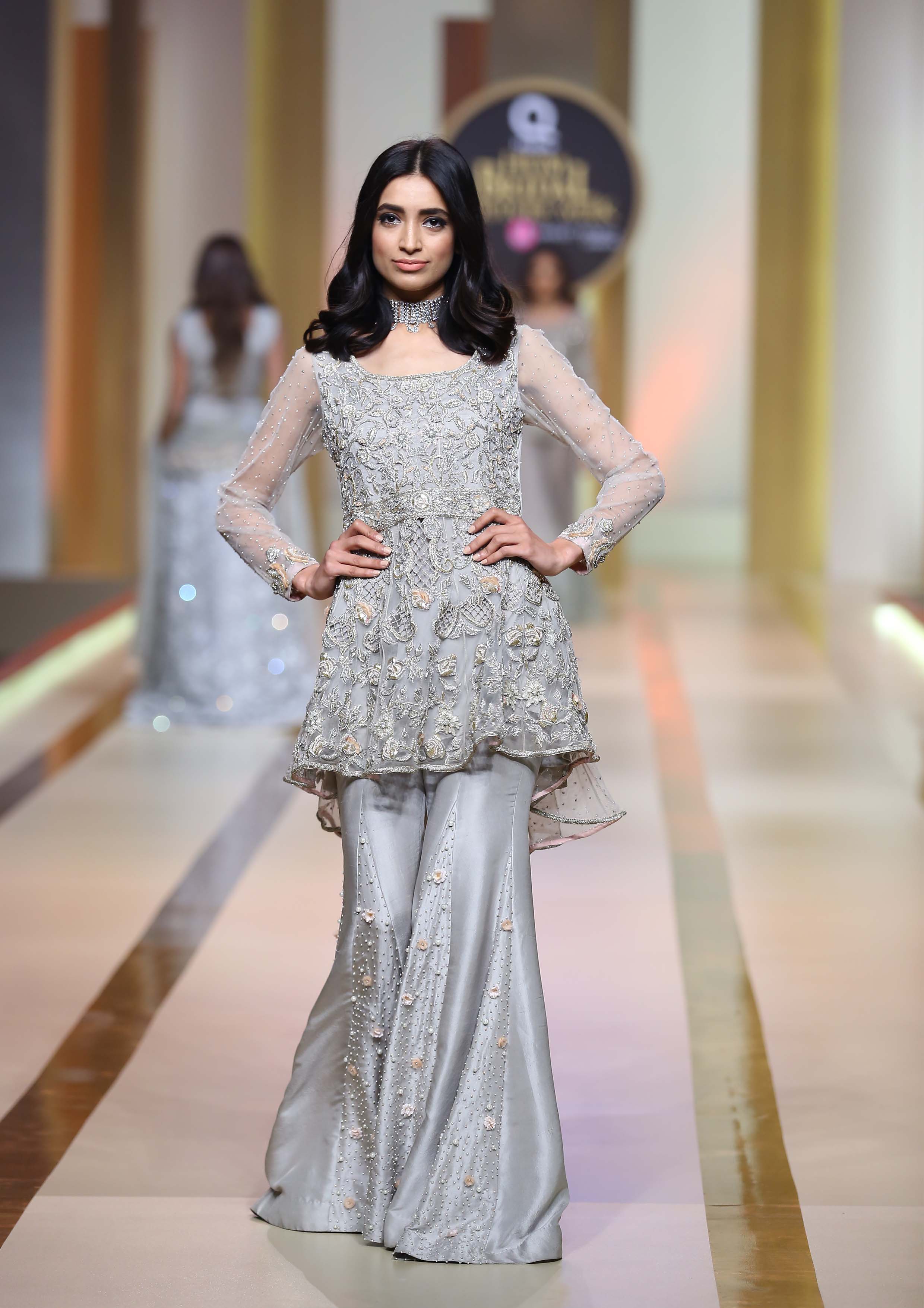 Pakistani Silver Meshwork Embroidered Silk Blend Peplum (2-Piece) - Image 1