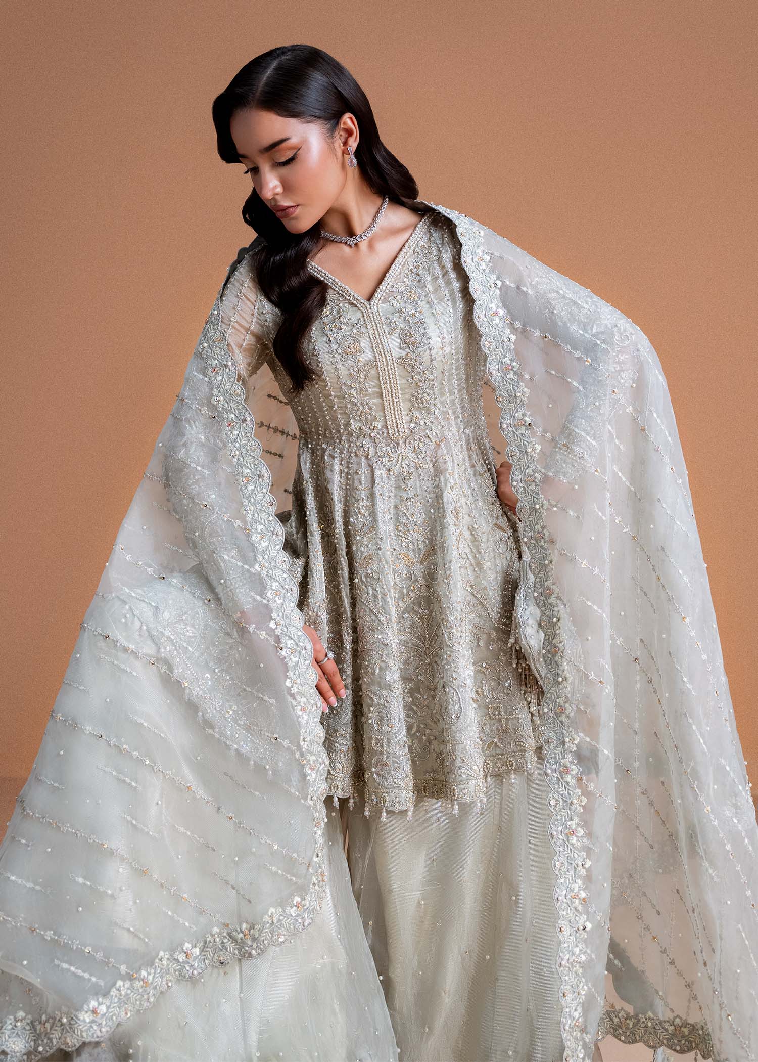 Moonlit Silver Embroidered Tissue Peplum Dress (3-Piece) - Image 7