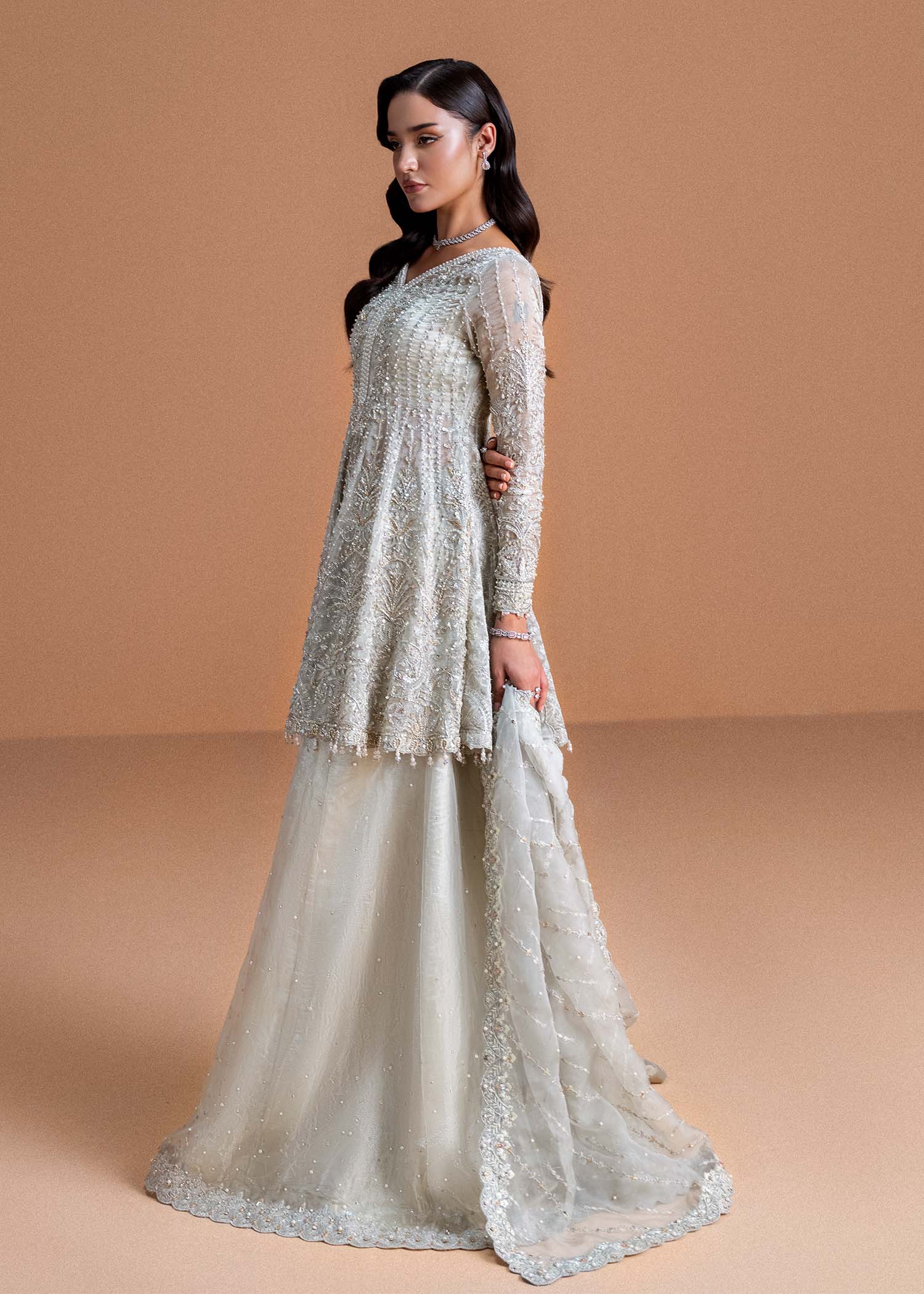 Moonlit Silver Embroidered Tissue Peplum Dress (3-Piece) - Image 8