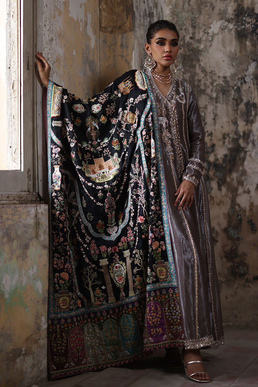 Pakistani Black Silk Thread Embroidered Jamawar Chaddar & Pishwas (2-Piece) - Image 1