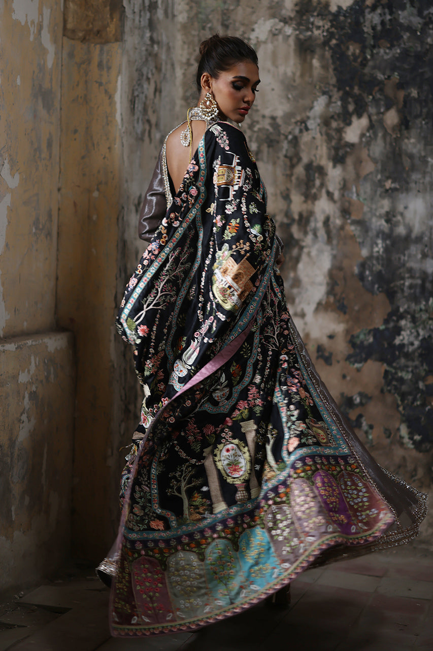 Pakistani Black Silk Thread Embroidered Jamawar Chaddar & Pishwas (2-Piece) - Image 3