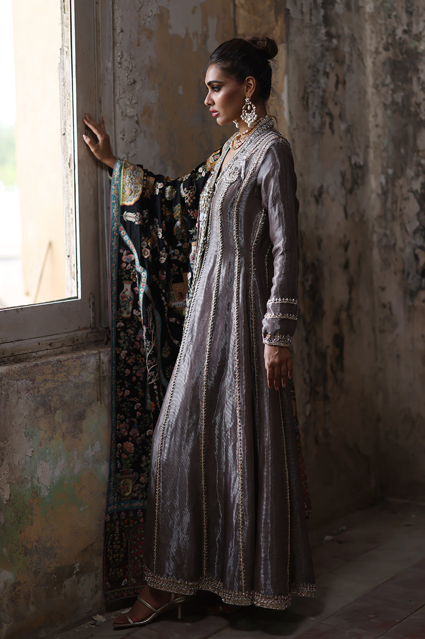 Pakistani Black Silk Thread Embroidered Jamawar Chaddar & Pishwas (2-Piece) - Image 5