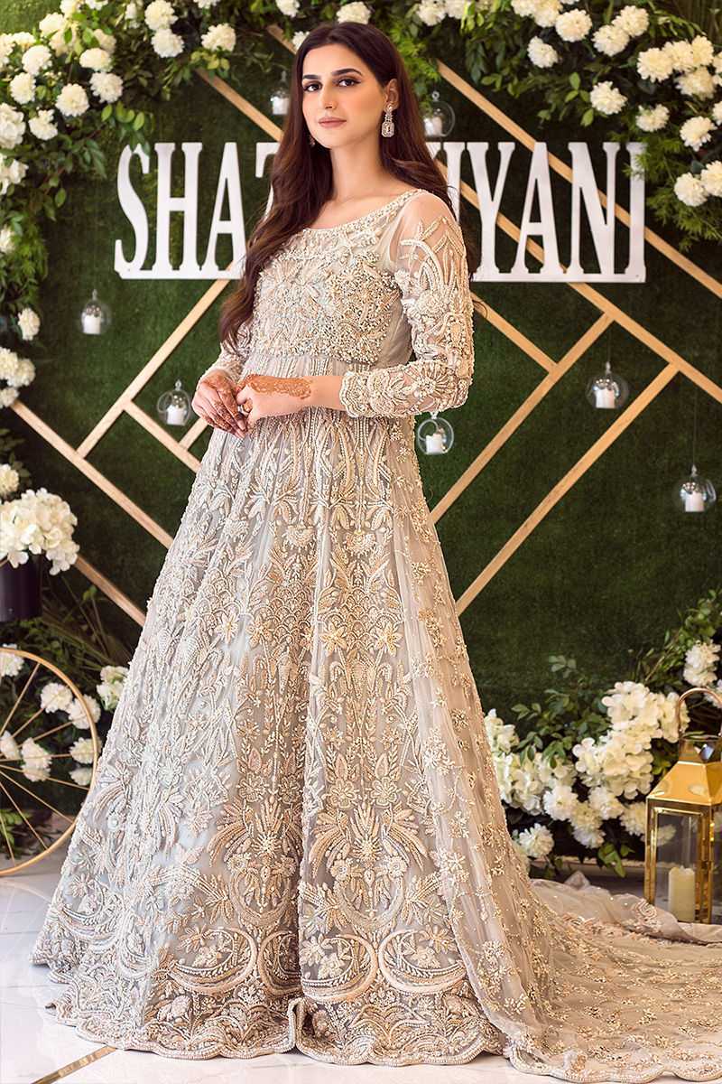 Pakistani Silver Grey Hand Embellished Net Pishwas (1-Pc) - Image 1