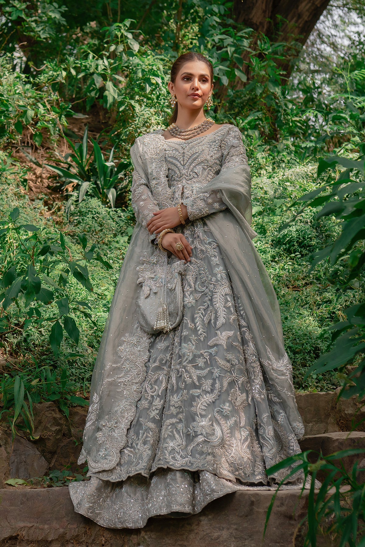 Silver Grey Zardozi Net Pishwas Dress (3-Piece) - Image 1