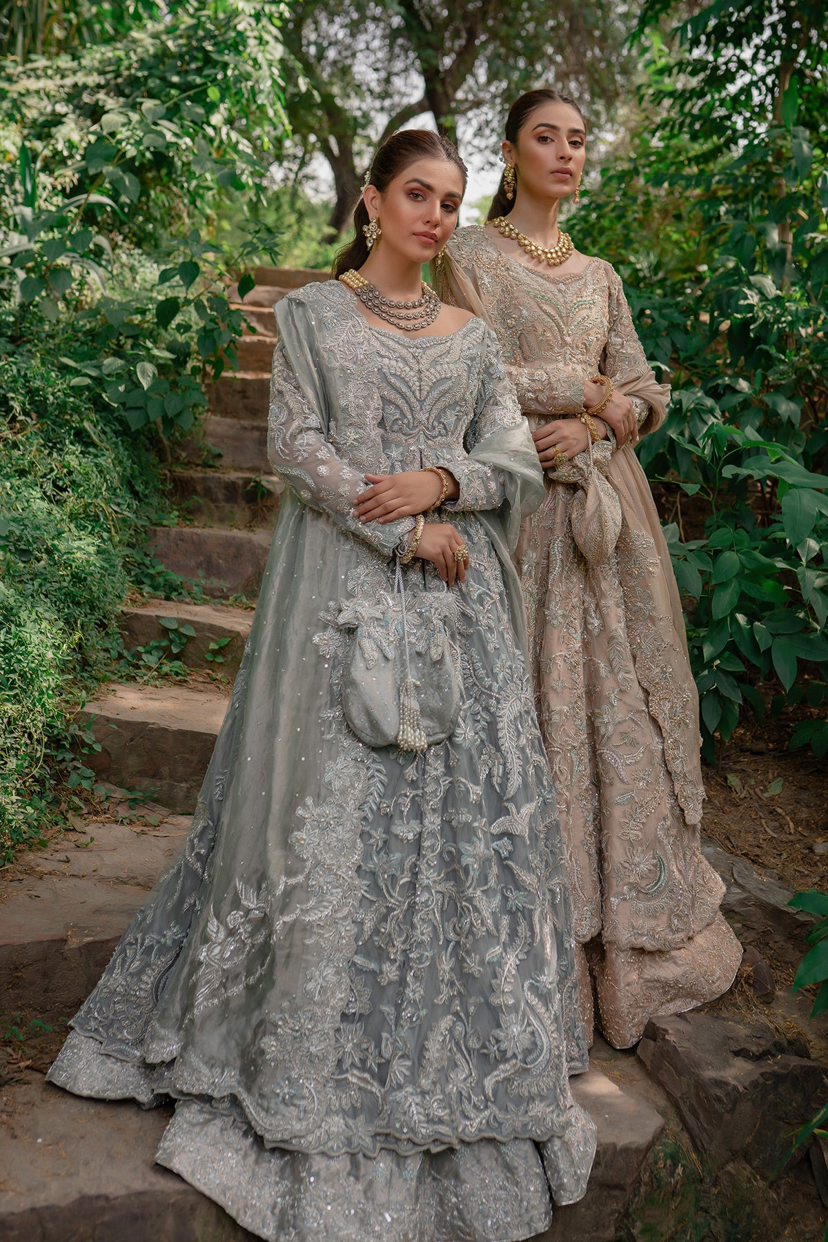 Pakistani Silver Grey Zardozi Net Pishwas Dress (3-Piece) - Image 5