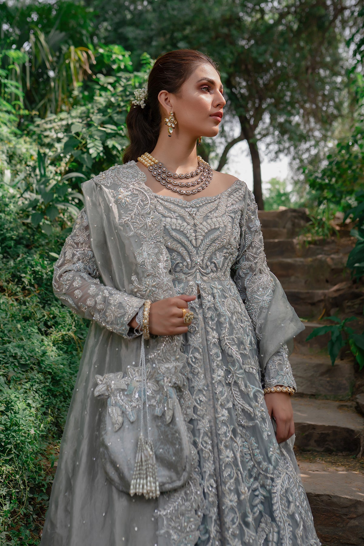 Pakistani Silver Grey Zardozi Net Pishwas Dress (3-Piece) - Image 3