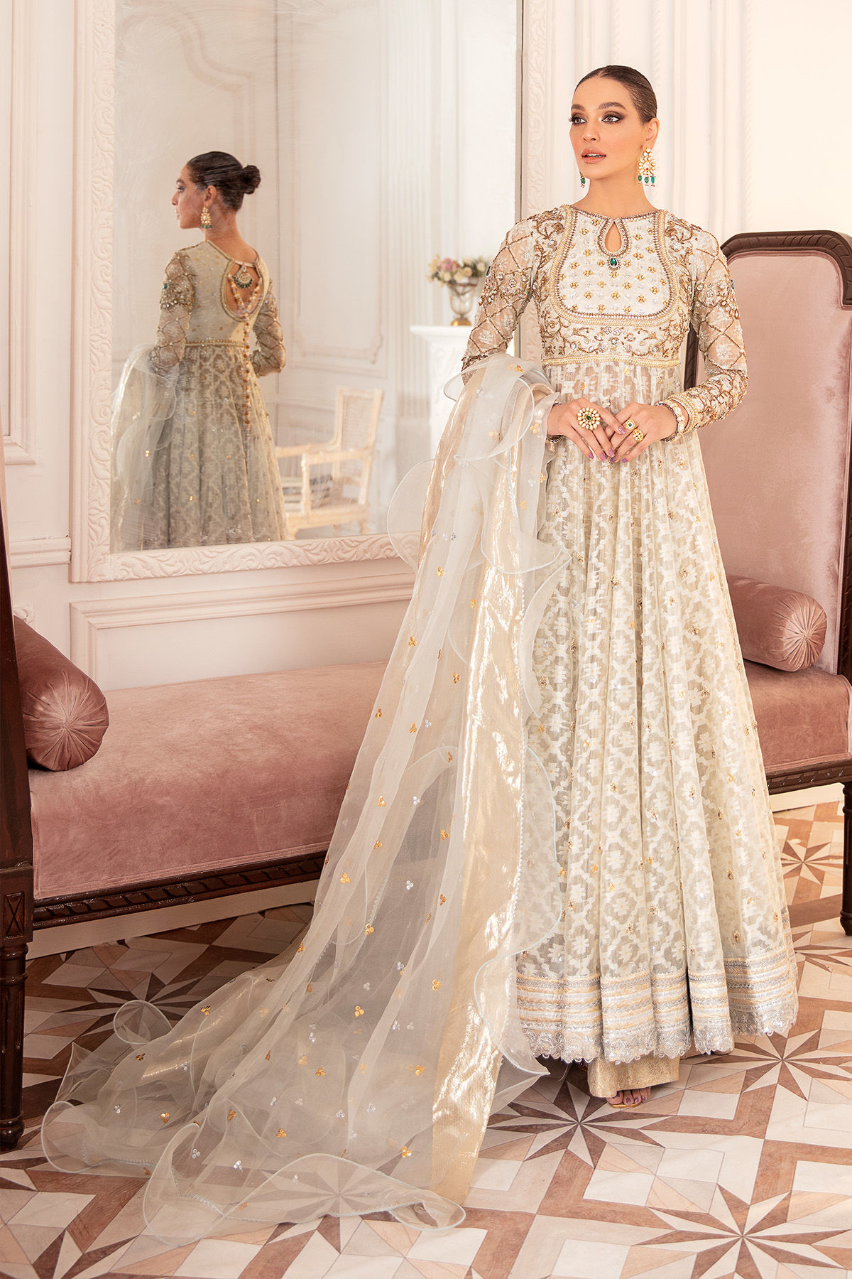 Pakistani Silver Zardozi Silk Zari Net Pishwas (3-Piece) - Image 1