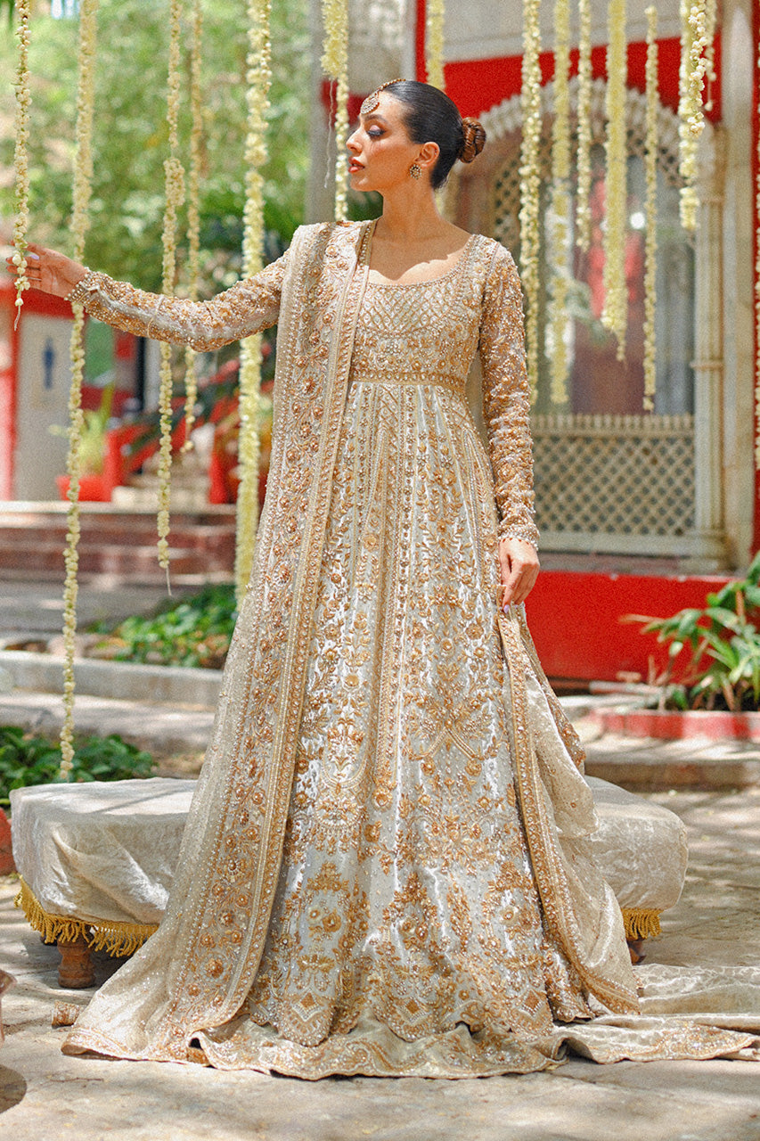 Metallic Silver Zardozi Tissue Pishwas Dress (3-Piece) - Image 1