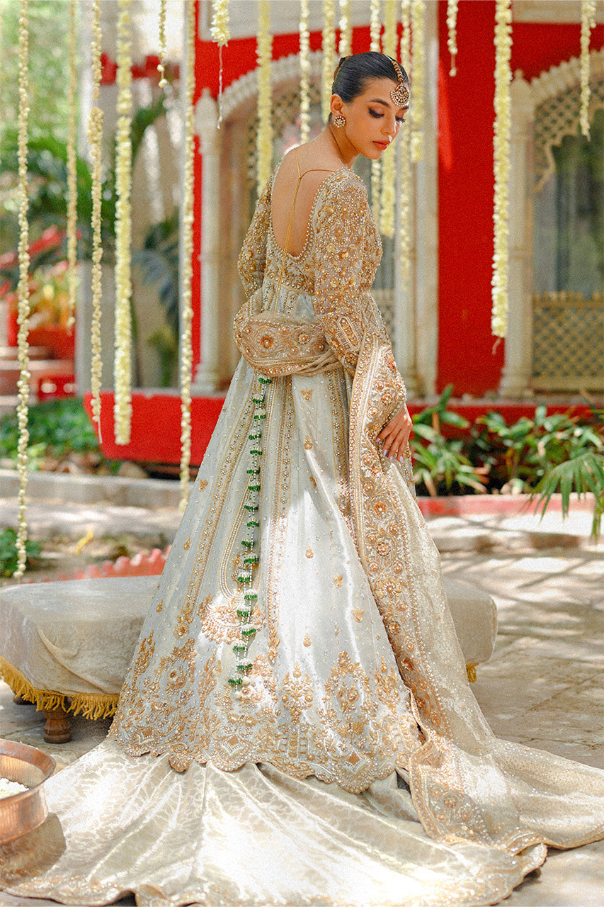 Metallic Silver Zardozi Tissue Pishwas Dress (3-Piece) - Image 2