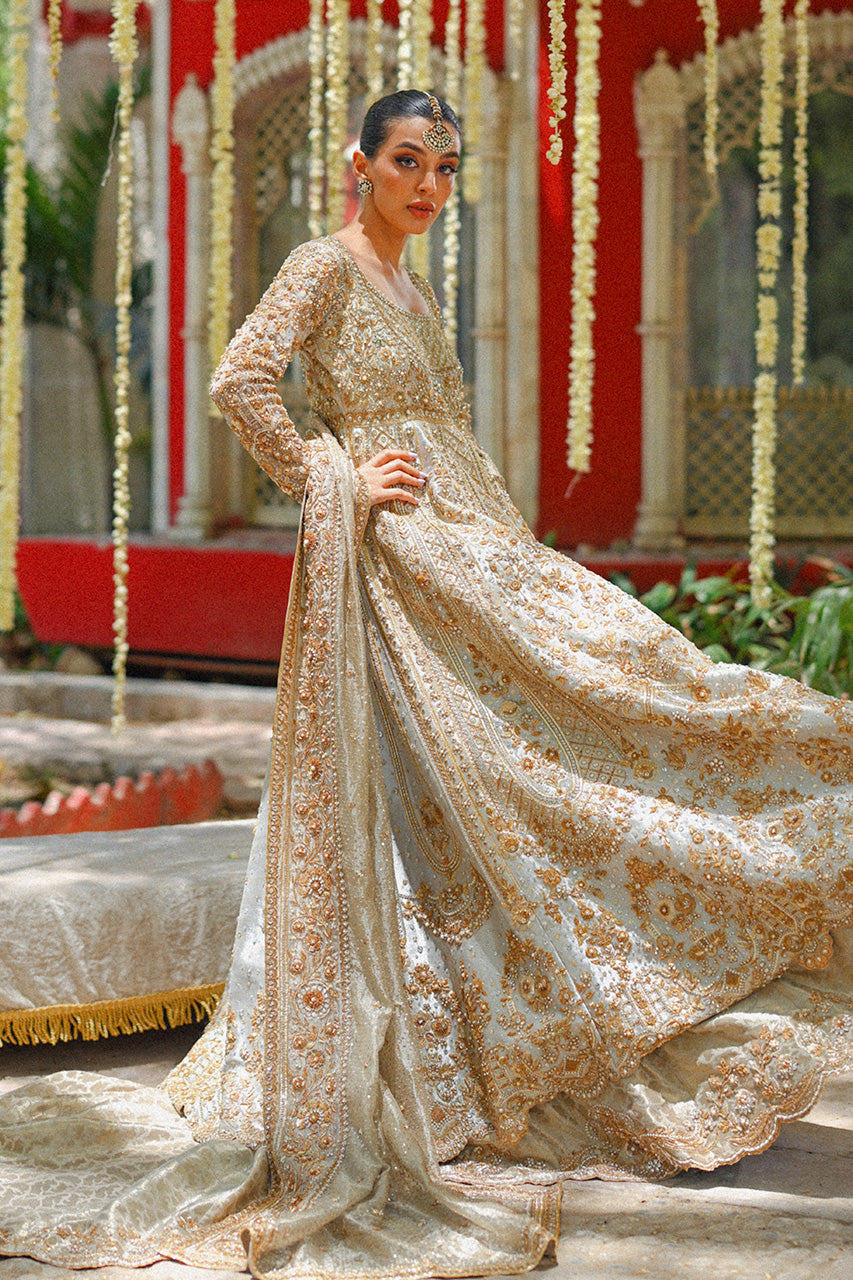 Metallic Silver Zardozi Tissue Pishwas Dress (3-Piece) - Image 6