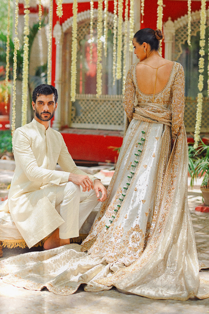 Metallic Silver Zardozi Tissue Pishwas Dress (3-Piece) - Image 7