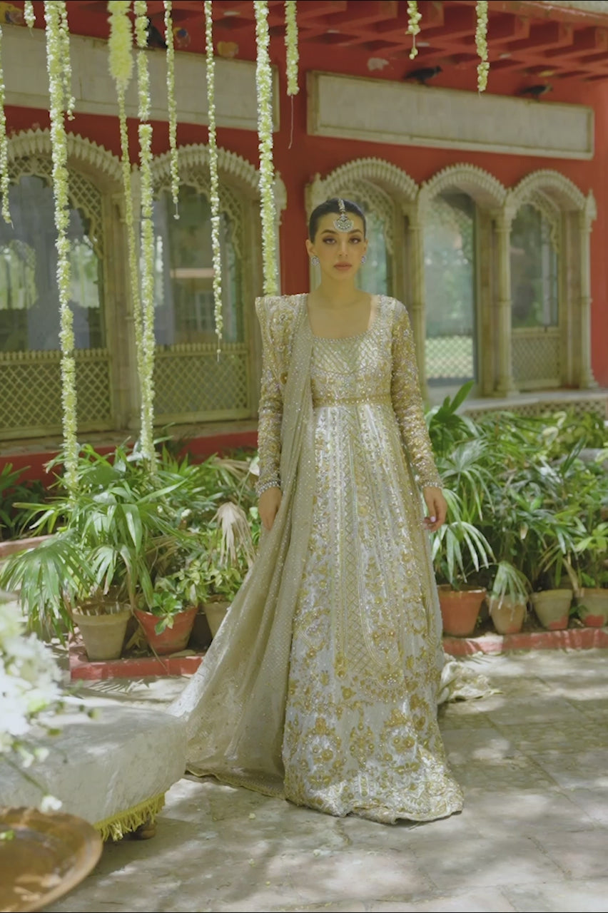 Metallic Silver Zardozi Tissue Pishwas Dress (3-Piece) - Image 8