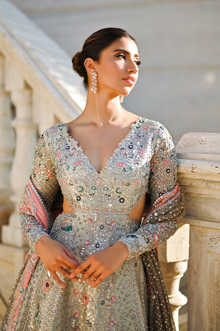 Pakistani Icy Platinum Zardozi Tissue Bridal Pishwas (2-Piece) - Image 1