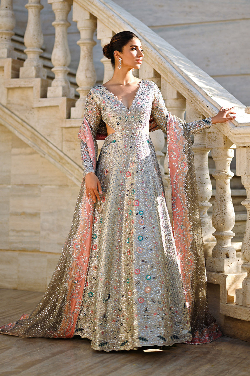 Pakistani Icy Platinum Zardozi Tissue Bridal Pishwas (2-Piece) - Image 3