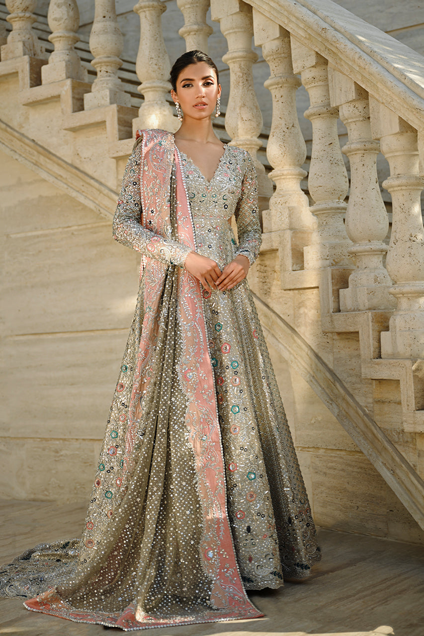 Pakistani Icy Platinum Zardozi Tissue Bridal Pishwas (2-Piece) - Image 4