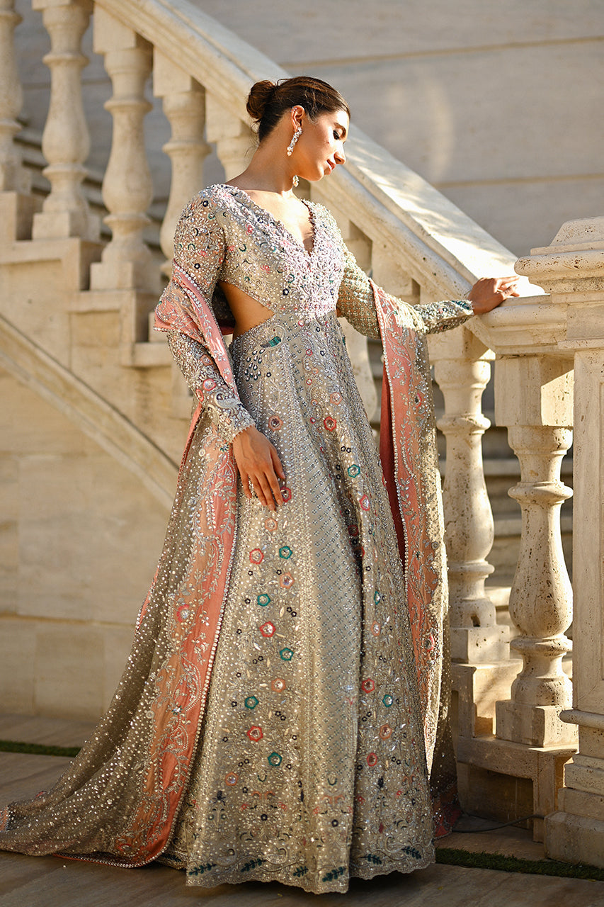 Pakistani Icy Platinum Zardozi Tissue Bridal Pishwas (2-Piece) - Image 5