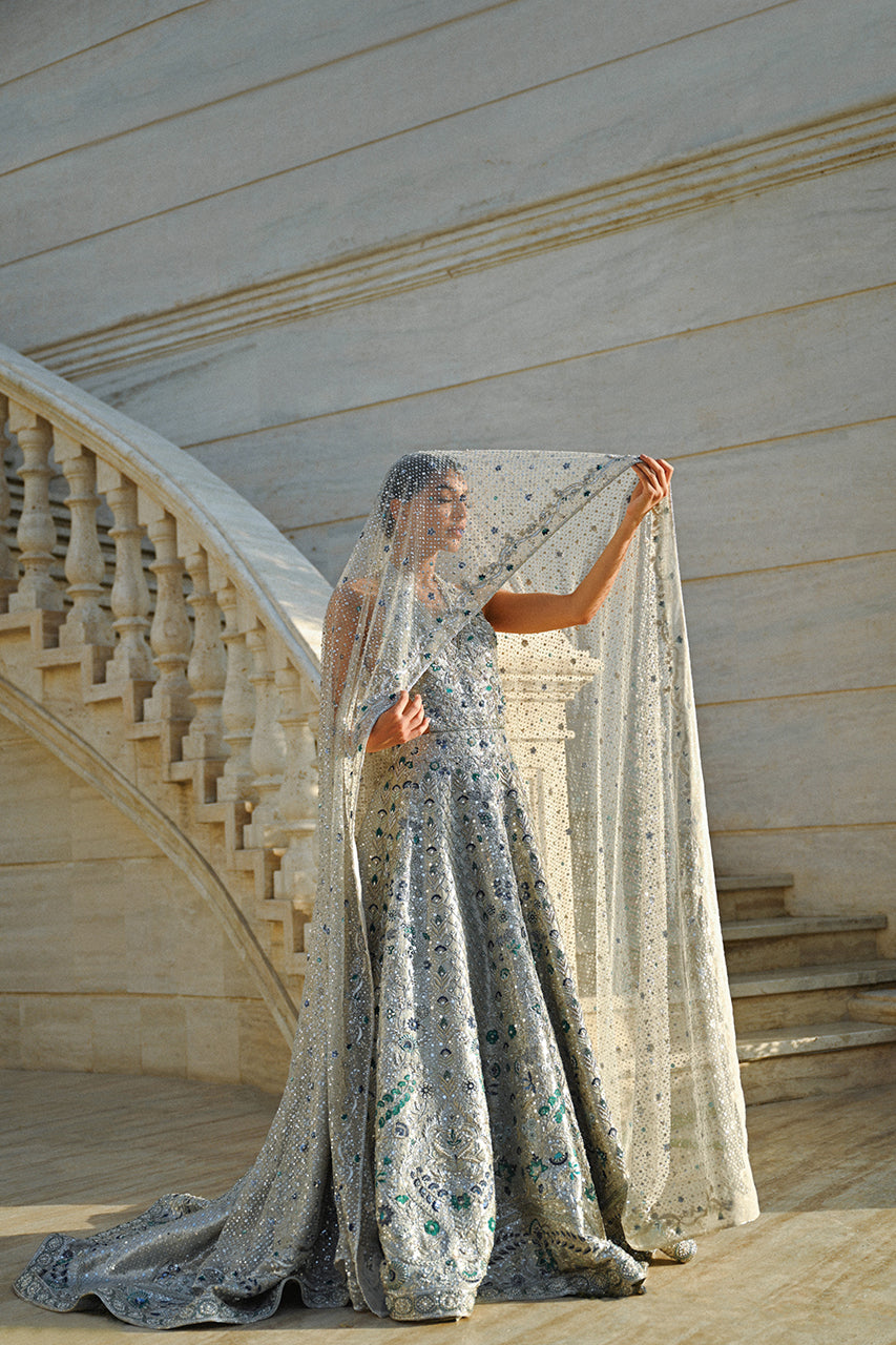 Icy Platinum Zardozi Tissue Bridal Pishwas (2-Piece) - Image 1