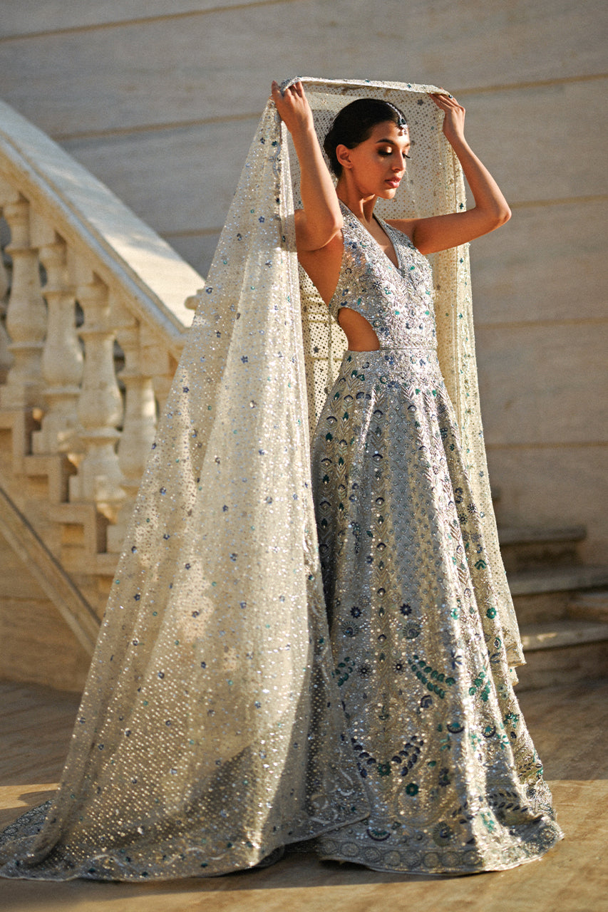 Icy Platinum Zardozi Tissue Bridal Pishwas (2-Piece) - Image 4