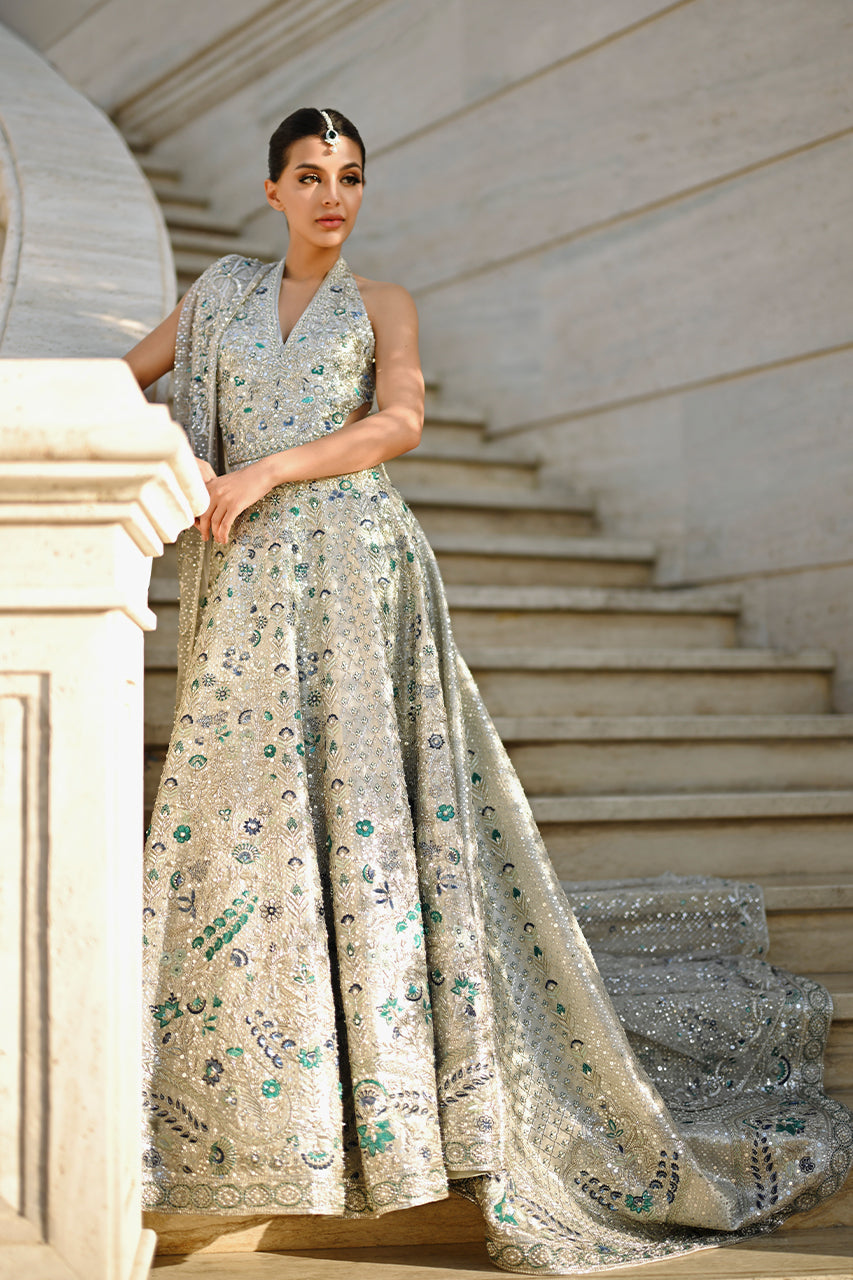 Icy Platinum Zardozi Tissue Bridal Pishwas (2-Piece) - Image 5