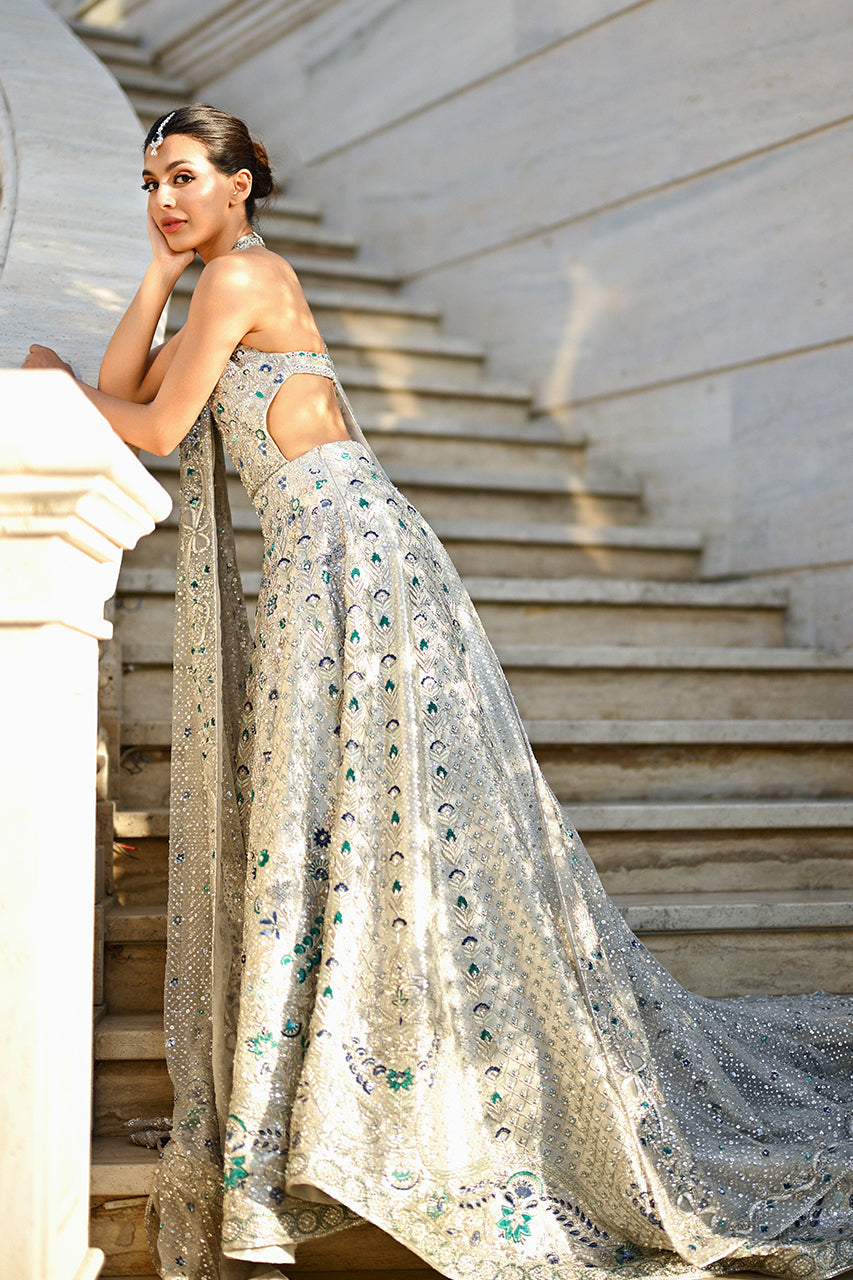 Icy Platinum Zardozi Tissue Bridal Pishwas (2-Piece) - Image 6