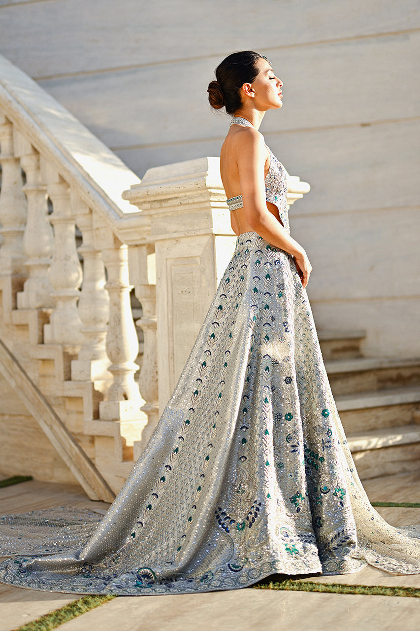 Icy Platinum Zardozi Tissue Bridal Pishwas (2-Piece) - Image 7