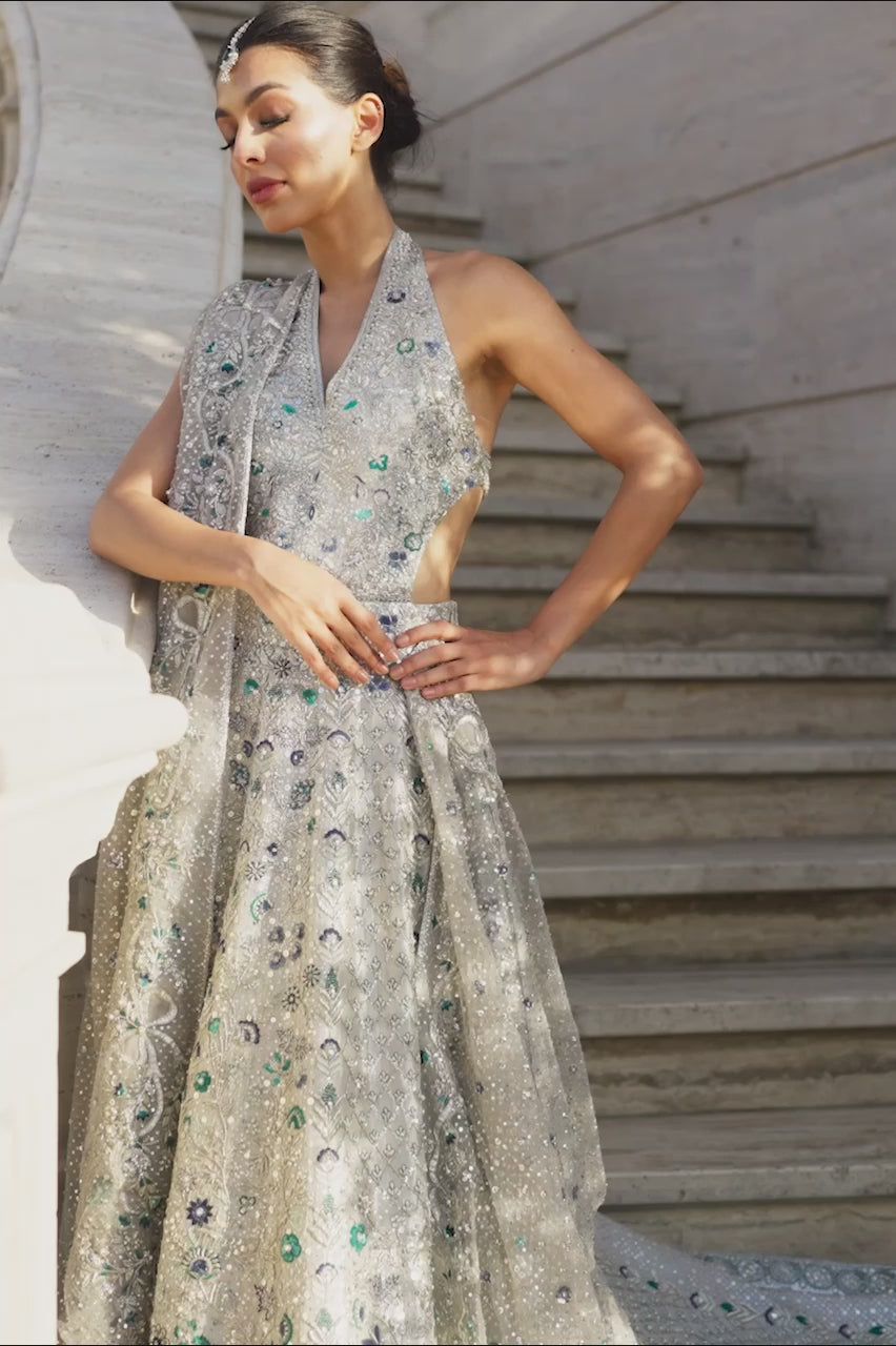 Icy Platinum Zardozi Tissue Bridal Pishwas (2-Piece) - Image 8