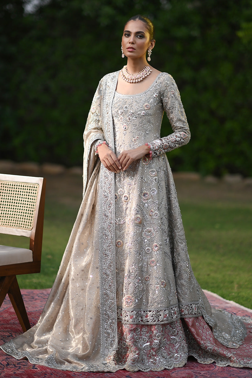 Pakistani Metallic Silver Zardozi Tissue Pishwas (3-Piece) - Image 1