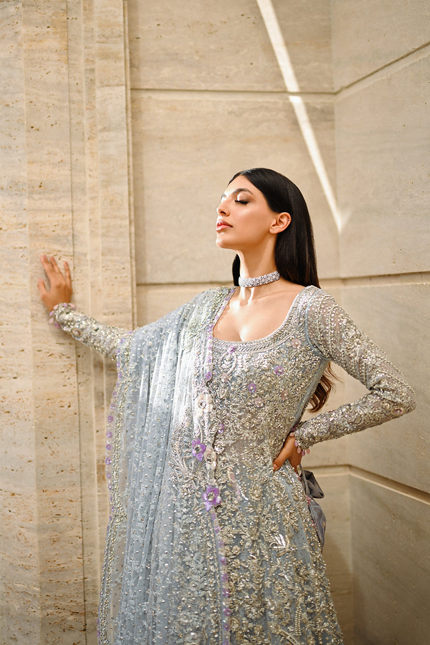 Pakistani Silver Mist Embroidered Tulle & Brocade Pishwas (3-Piece) - Image 2