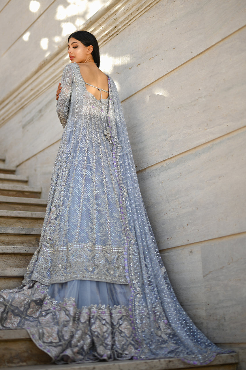 Pakistani Silver Mist Embroidered Tulle & Brocade Pishwas (3-Piece) - Image 3